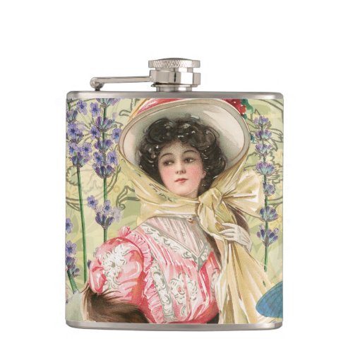 Pink Floral Victorian Woman Regency Flask