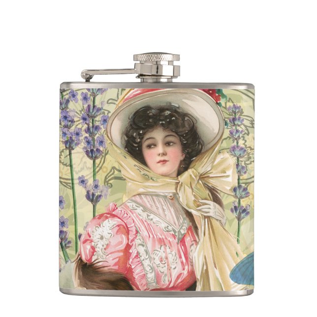 Pink Floral Victorian Woman Regency Flask (Front)