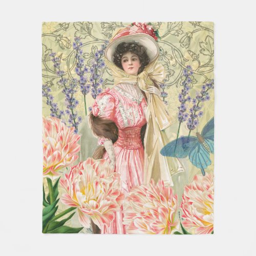 Pink Floral Victorian Woman Regency Fleece Blanket