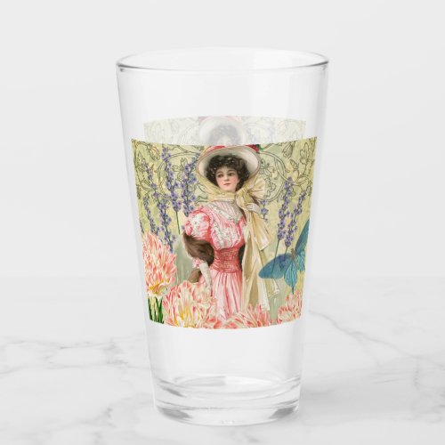 Pink Floral Victorian Woman Regency Glass