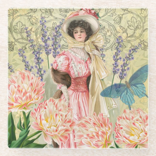 Pink Floral Victorian Woman Regency Glass Coaster (Front)