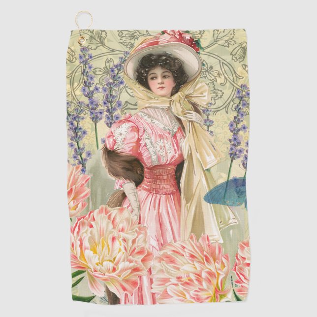 Pink Floral Victorian Woman Regency Golf Towel (Front)