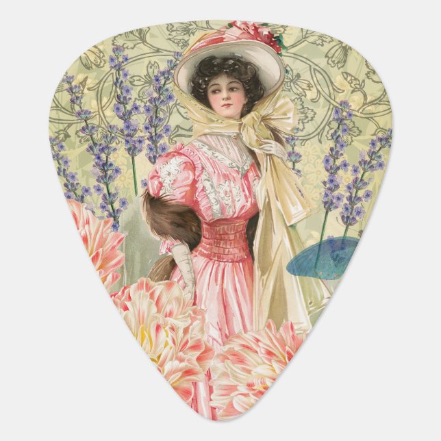 Pink Floral Victorian Woman Regency Guitar Pick (Front)