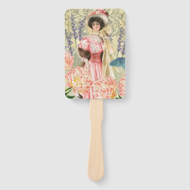 Pink Floral Victorian Woman Regency Hand Fan (Front)