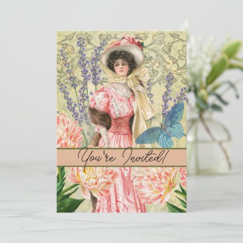 Pink Floral Victorian Woman Regency Invitation