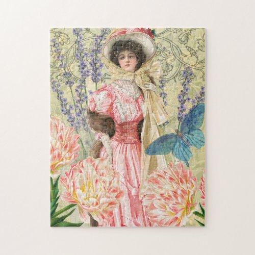 Pink Floral Victorian Woman Regency Jigsaw Puzzle