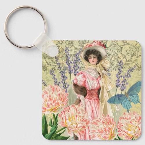 Pink Floral Victorian Woman Regency Keychain