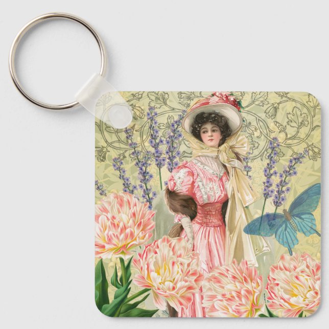 Pink Floral Victorian Woman Regency Keychain (Front)