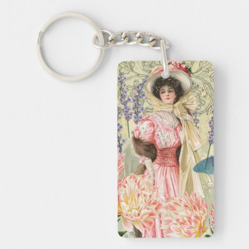 Pink Floral Victorian Woman Regency Keychain