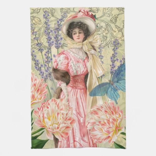 Pink Floral Victorian Woman Regency Kitchen Towel