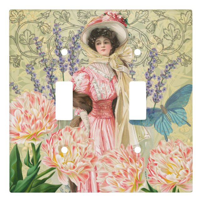 Pink Floral Victorian Woman Regency Light Switch Cover (Front)