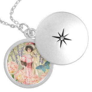 Pink Floral Victorian Woman Regency Locket Necklace