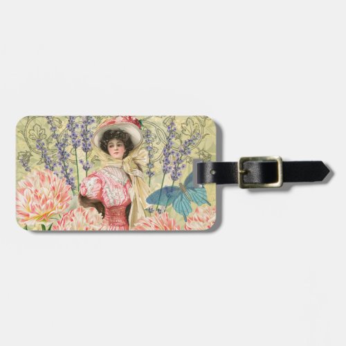 Pink Floral Victorian Woman Regency Luggage Tag