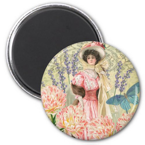 Pink Floral Victorian Woman Regency Magnet