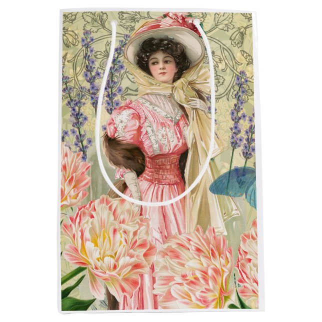 Pink Floral Victorian Woman Regency Medium Gift Bag (Front)