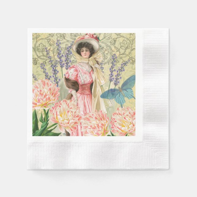 Pink Floral Victorian Woman Regency Napkins (Front)