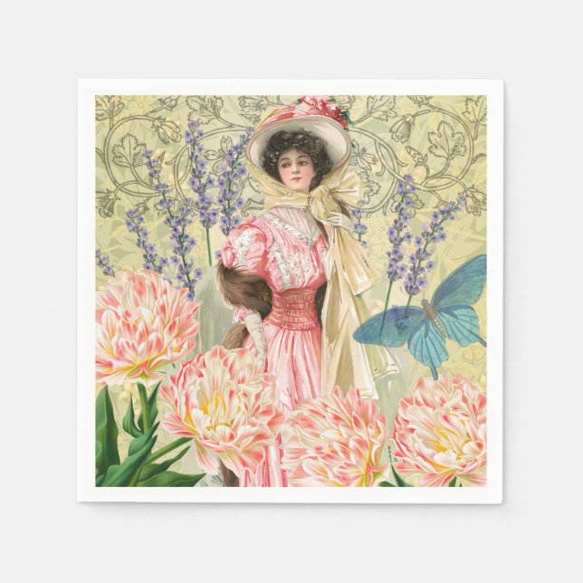 Pink Floral Victorian Woman Regency Napkins (Front)
