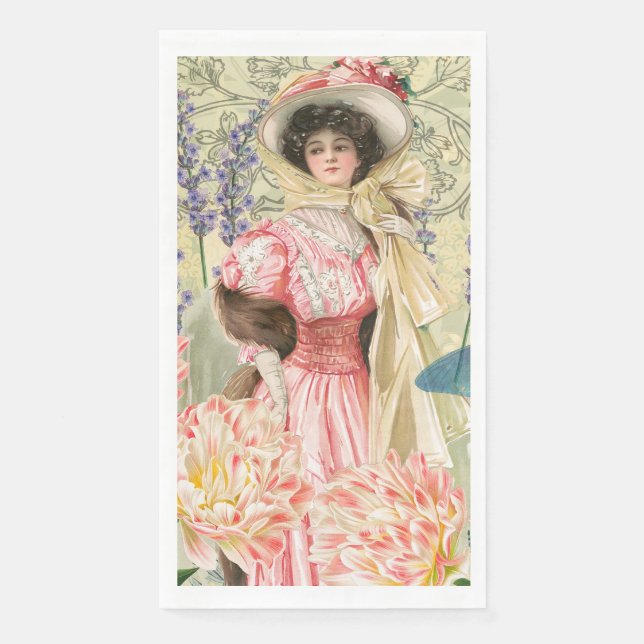 Pink Floral Victorian Woman Regency Paper Guest Towels (Front)