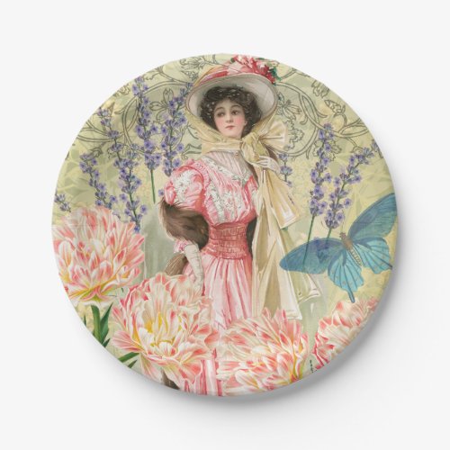 Pink Floral Victorian Woman Regency Paper Plates