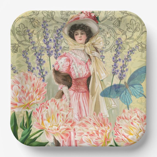 Pink Floral Victorian Woman Regency Paper Plates (Front)
