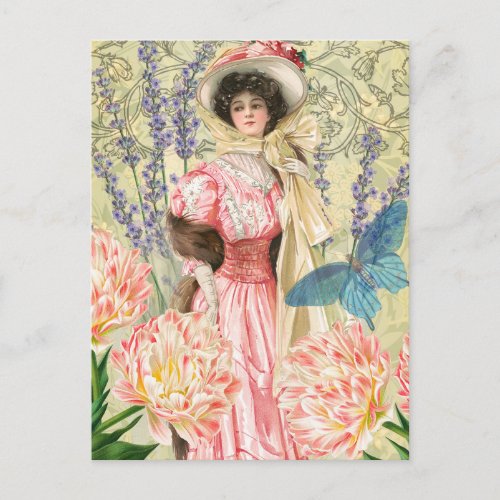 Pink Floral Victorian Woman Regency Postcard