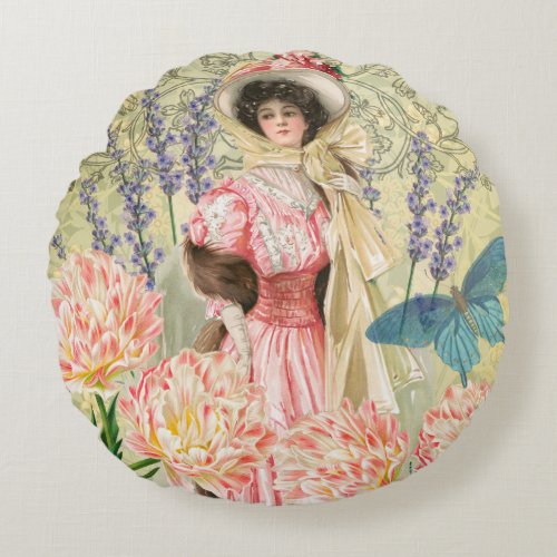 Pink Floral Victorian Woman Regency Round Pillow