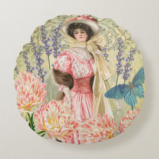 Pink Floral Victorian Woman Regency Round Pillow (Front)