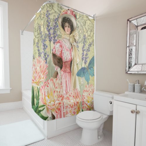 Pink Floral Victorian Woman Regency Shower Curtain