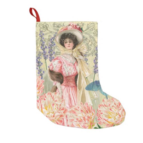 Pink Floral Victorian Woman Regency Small Christmas Stocking