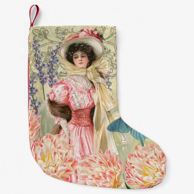 Pink Floral Victorian Woman Regency Small Christmas Stocking (Front)