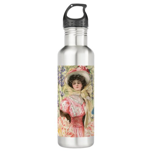 Pink Floral Victorian Woman Regency Stainless Steel Water Bottle