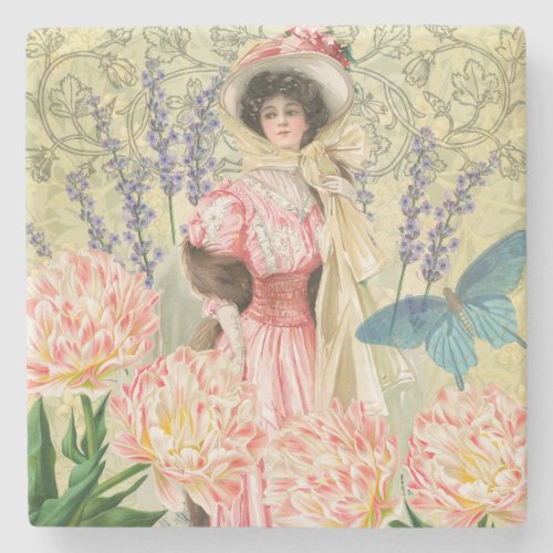 Pink Floral Victorian Woman Regency Stone Coaster