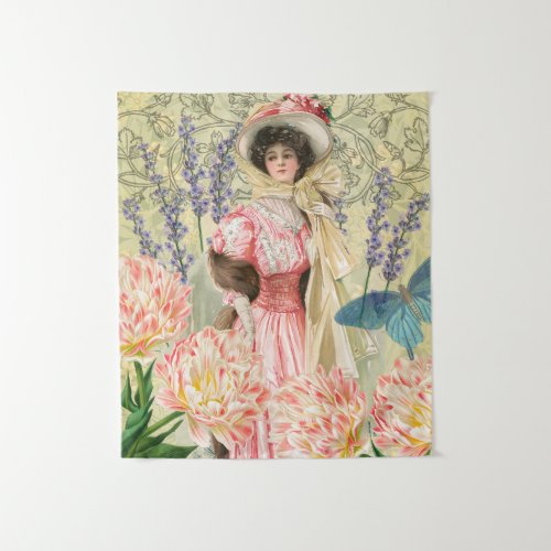 Pink Floral Victorian Woman Regency Tapestry