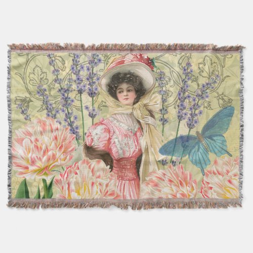Pink Floral Victorian Woman Regency Throw Blanket