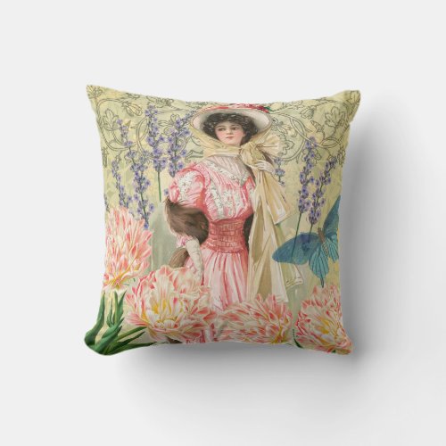 Pink Floral Victorian Woman Regency Throw Pillow