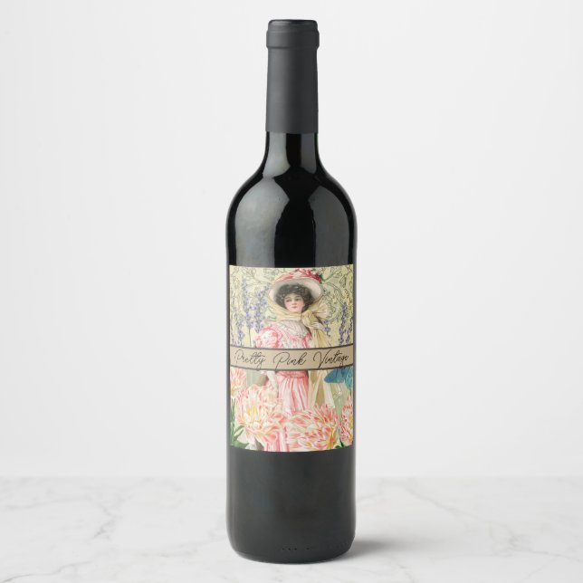 Pink Floral Victorian Woman Regency Wine Label (Front)