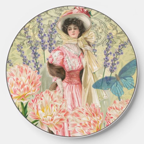 Pink Floral Victorian Woman Regency Wireless Charger