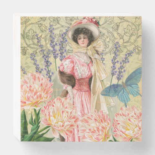 Pink Floral Victorian Woman Regency Wooden Box Sign