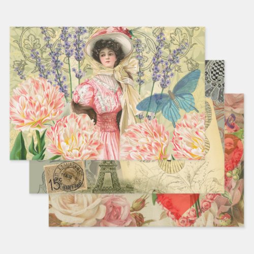 Pink Floral Victorian Woman Regency Wrapping Paper Sheets
