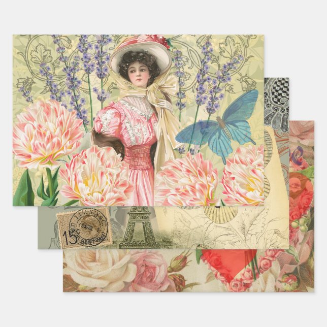 Pink Floral Victorian Woman Regency Wrapping Paper Sheets (Set)