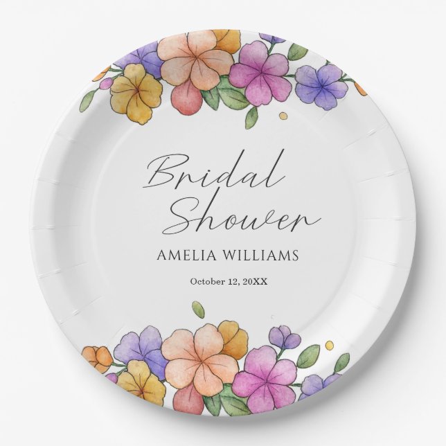  Pink Floral Vine Bridal Shower Paper Plates (Front)