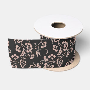 Pink Floral Vine Pattern on Dark Gray Satin Ribbon