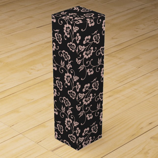 Pink Floral Vine Pattern on Dark Gray Wine Box (Front)