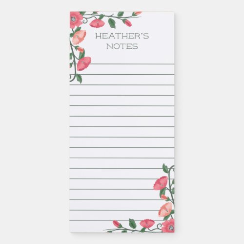 Pink Floral Vines Lined Magnetic Notepad