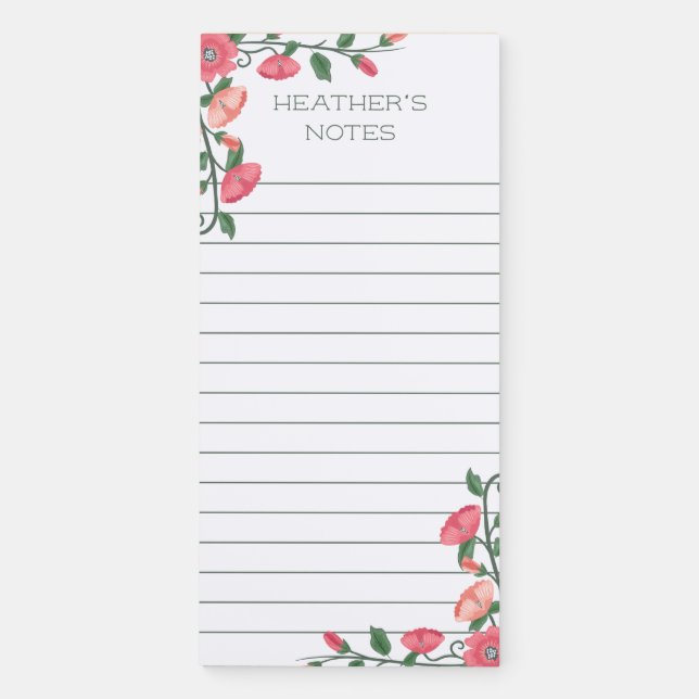 Pink Floral Vines Lined Magnetic Notepad (Front)