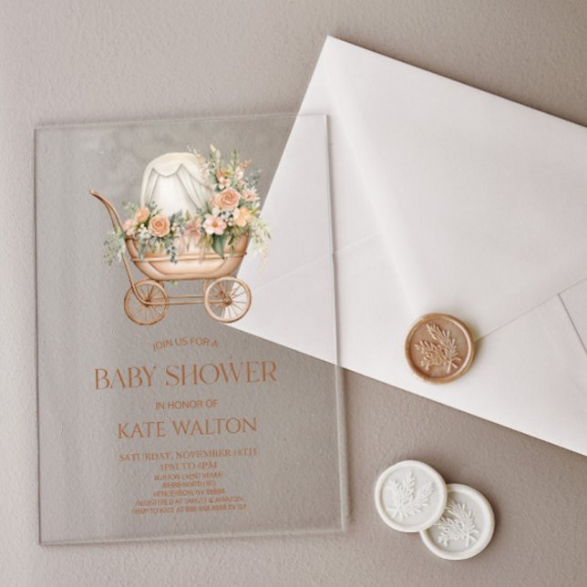 Pink Floral Vintage Baby Carriage Baby Shower Acrylic Invitations (Creator Uploaded)