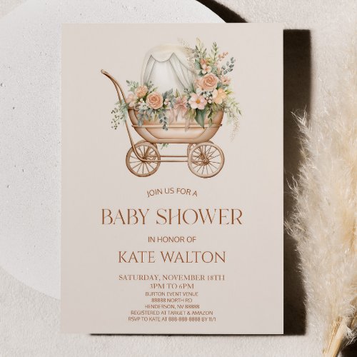 Pink Floral Vintage Baby Carriage Baby Shower Invitation