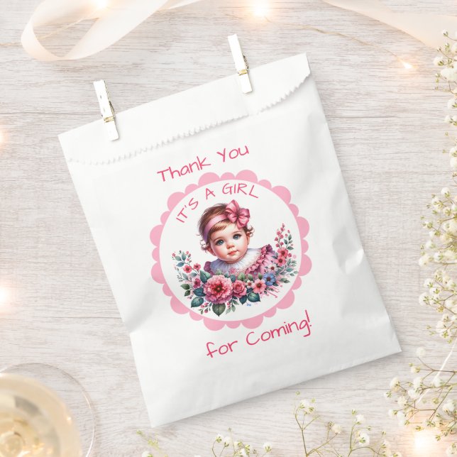 Pink Floral Vintage Baby Shower Thank You Favor Bag (Clipped)