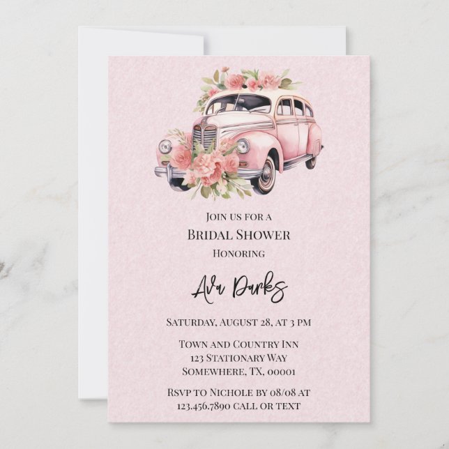 Pink Floral Vintage Car Bridal Shower Invitation (Front)
