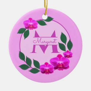 Pink floral vintage personalized name initial ceramic ornament